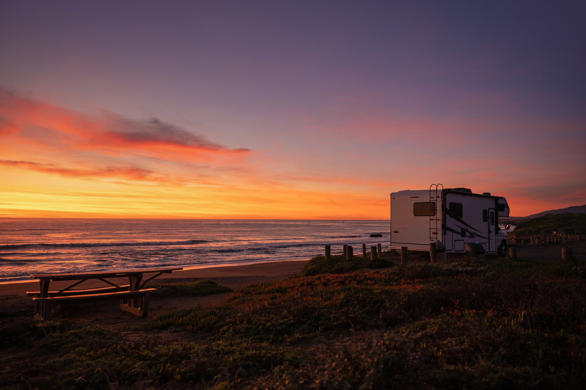 Scenic Pacific Ocean Sunset from a Camper Van Class C Motorhome